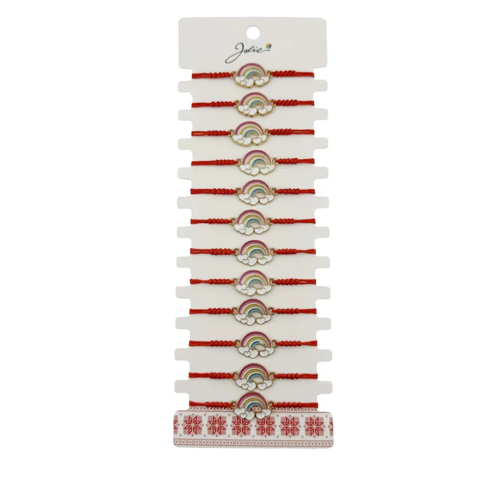 Bratara Martisor pentru Dama, Jolie, Model Curcubeu cu Inimi, Set 12 bucati, Pandativ din Inox Auriu, Snur Ajustabil Imple...