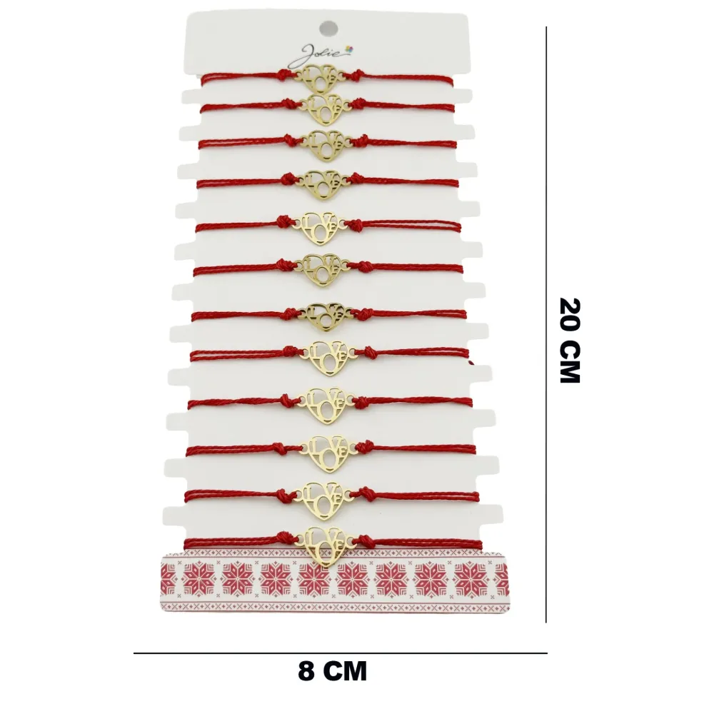 Bratara Martisor pentru Dama, Jolie, Model Love, Set 12 bucati, Pandativ din Inox Auriu, Snur Ajustabil Impletit, Rosu