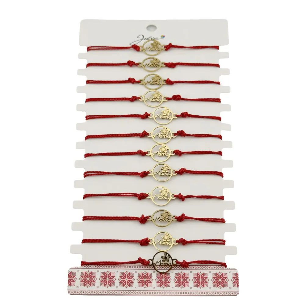 Bratara Martisor pentru Dama, Jolie, Model Mama cu Floare, Set 12 bucati, Pandativ din Inox Auriu, Snur Ajustabil Impletit...