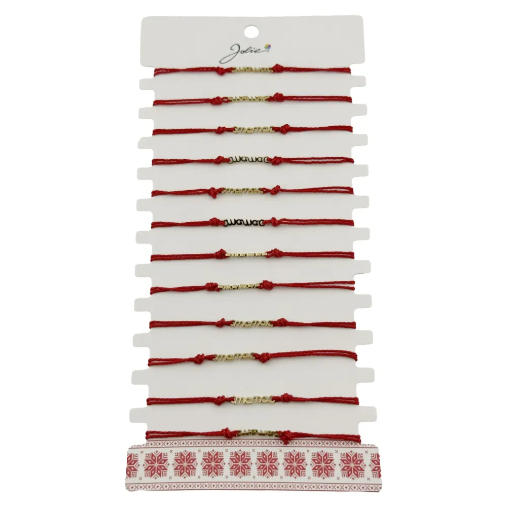Bratara Martisor pentru Dama, Jolie, Model Mama, Set 12 bucati, Pandativ din Inox Auriu, Snur Ajustabil Impletit, Rosu