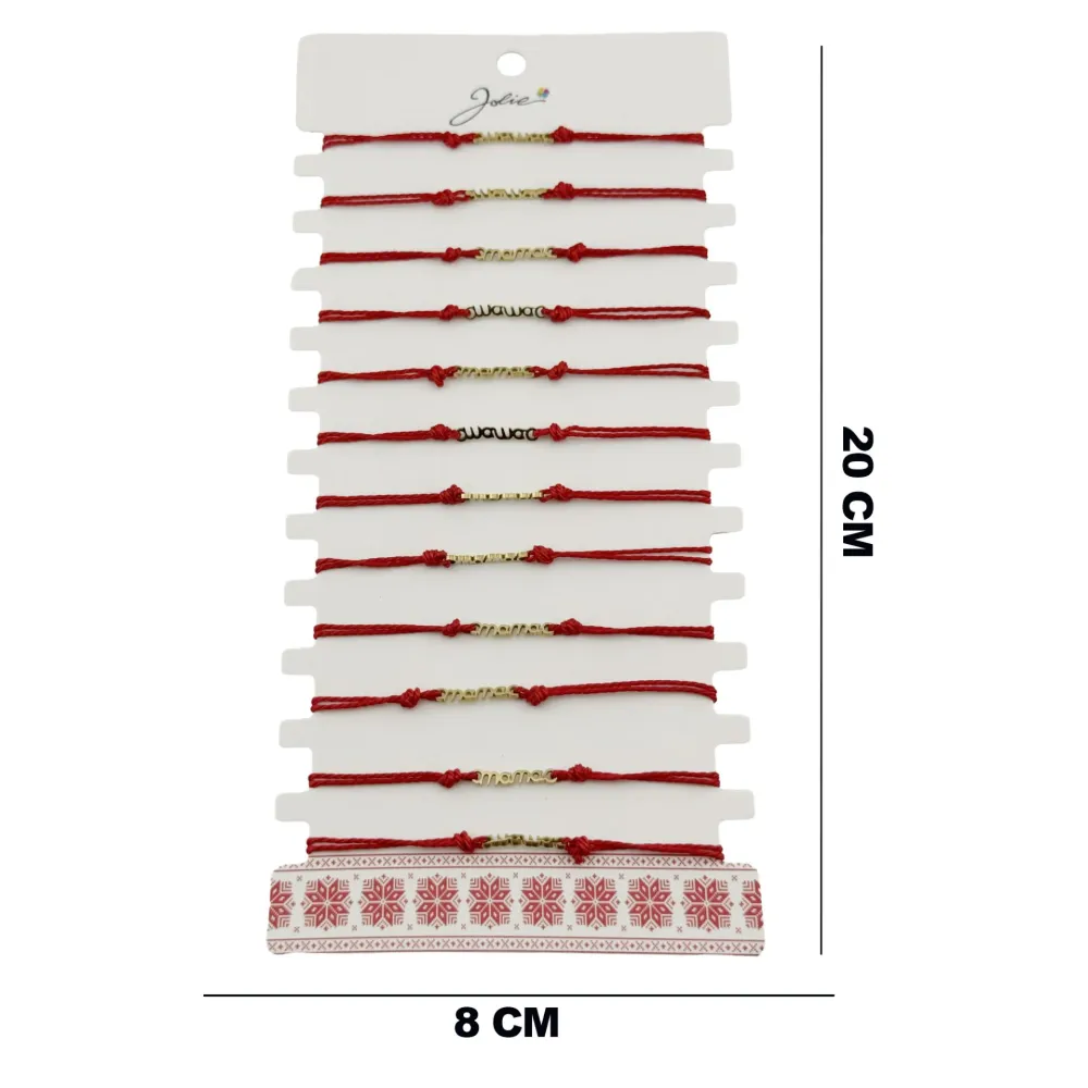 Bratara Martisor pentru Dama, Jolie, Model Mama, Set 12 bucati, Pandativ din Inox Auriu, Snur Ajustabil Impletit, Rosu