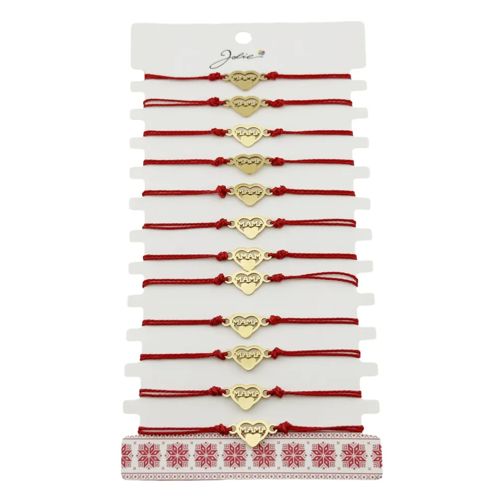 Bratara Martisor pentru Dama, Jolie, Model Inima Mama, Set 12 bucati, Pandativ din Inox Auriu, Snur Ajustabil Impletit, Rosu