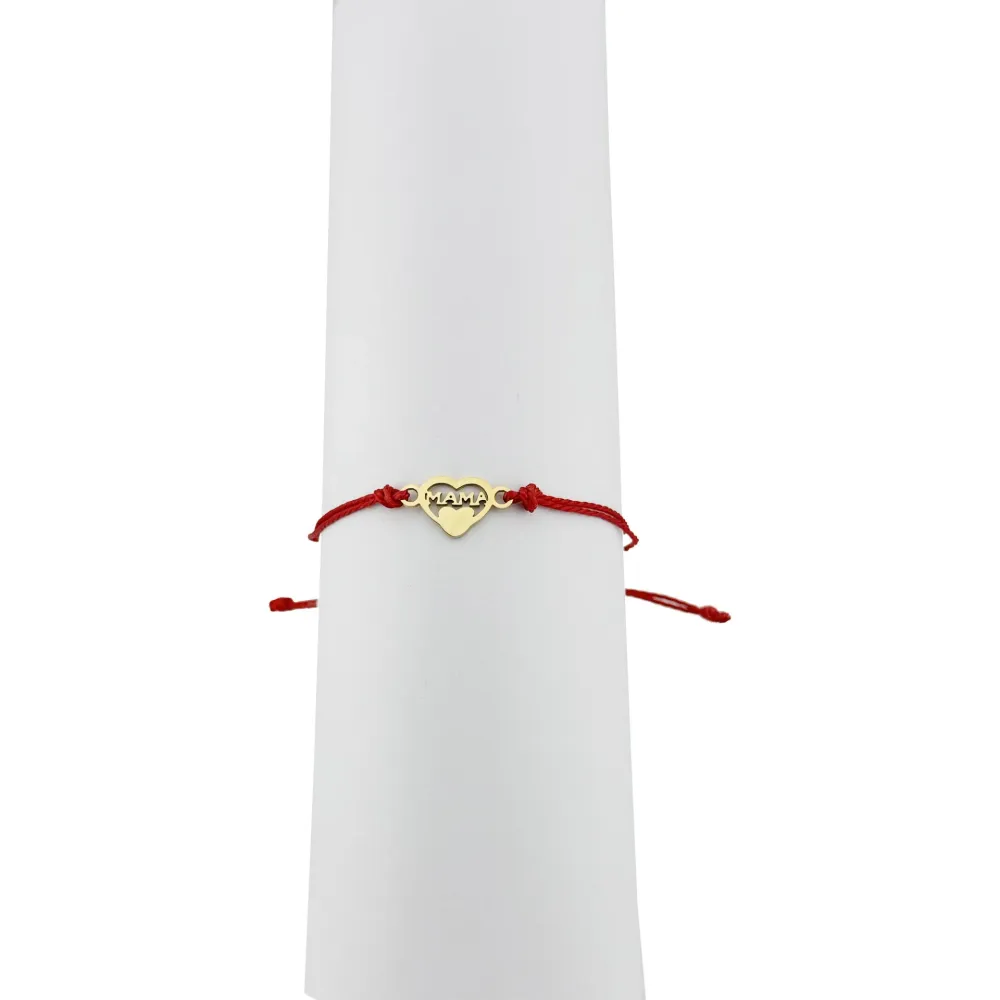 Bratara Martisor pentru Dama, Jolie, Model Inima Mama, Set 12 bucati, Pandativ din Inox Auriu, Snur Ajustabil Impletit, Rosu