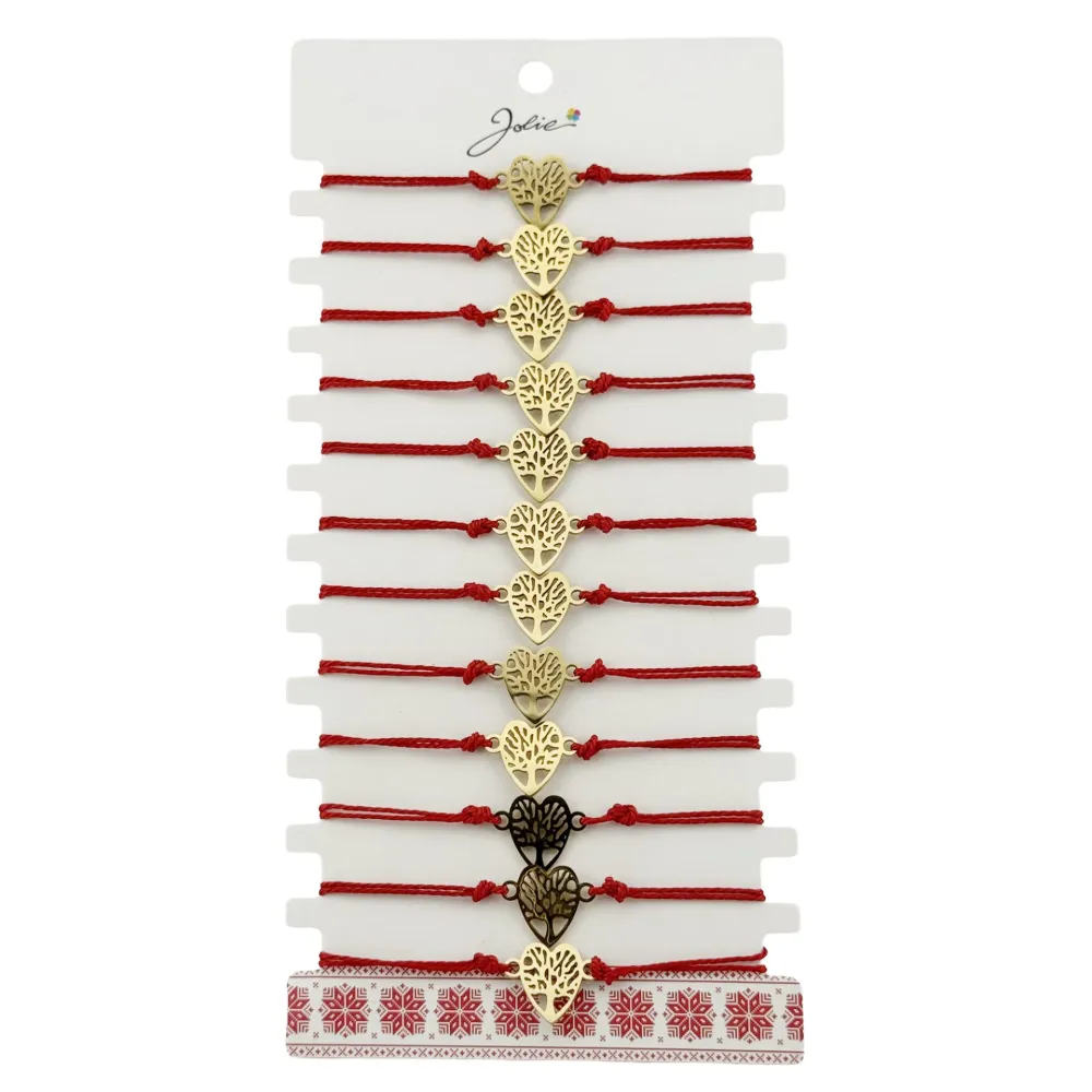 Bratara Martisor pentru Dama, Jolie, Model Copac Inima, Set 12 bucati, Pandativ din Inox Auriu, Snur Ajustabil Impletit, Rosu