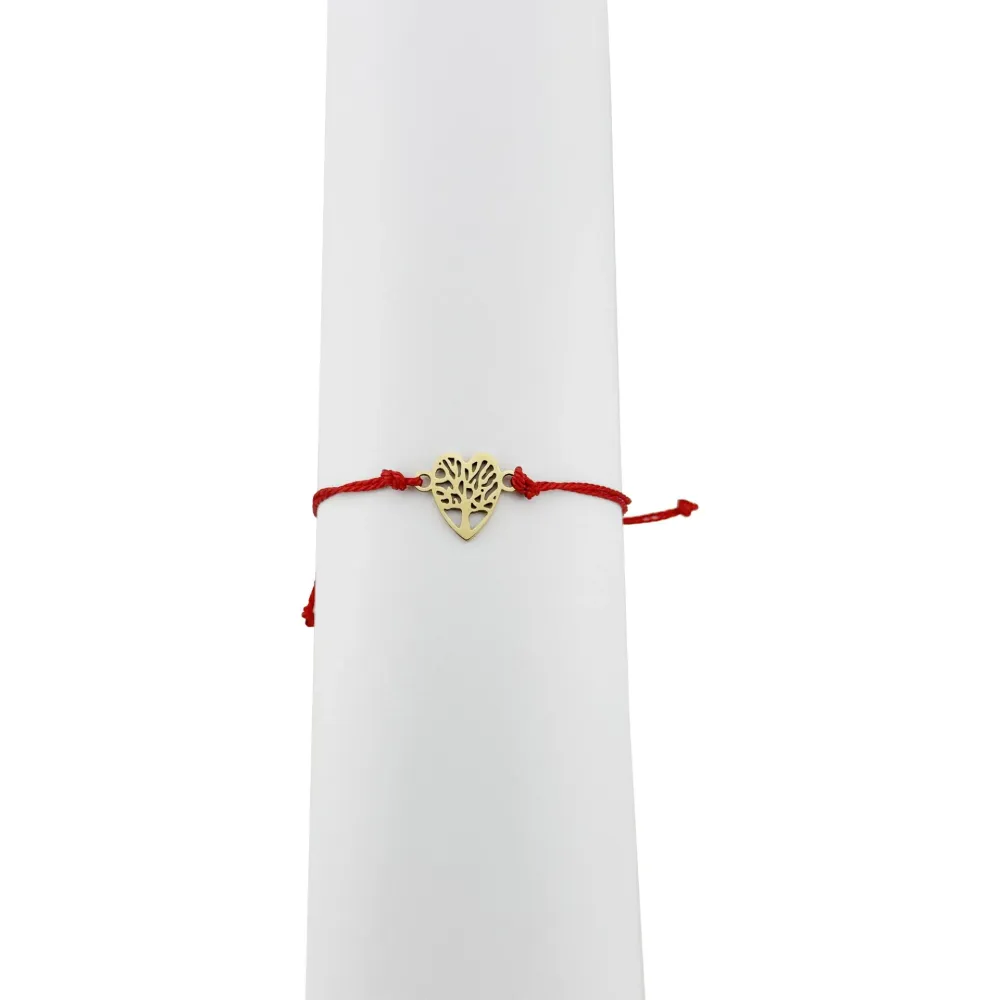 Bratara Martisor pentru Dama, Jolie, Model Copac Inima, Set 12 bucati, Pandativ din Inox Auriu, Snur Ajustabil Impletit, Rosu