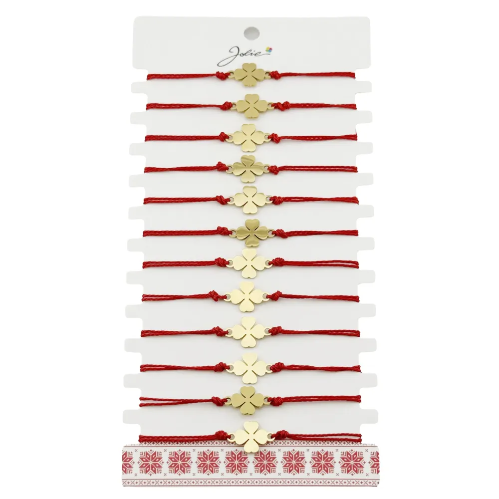 Bratara Martisor pentru Dama, Jolie, Model Trifoi, Set 12 bucati, Pandativ din Inox Auriu, Snur Ajustabil Impletit, Rosu