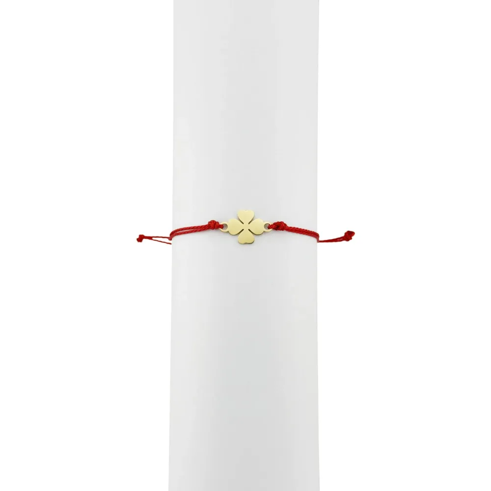 Bratara Martisor pentru Dama, Jolie, Model Trifoi, Set 12 bucati, Pandativ din Inox Auriu, Snur Ajustabil Impletit, Rosu