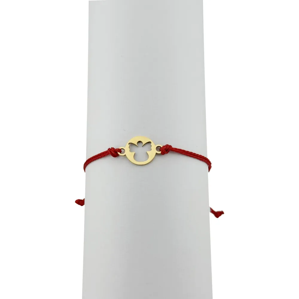 Bratara Martisor pentru Dama, Jolie, Model Inger, Set 12 bucati, Pandativ din Inox Auriu, Snur Ajustabil Impletit, Rosu