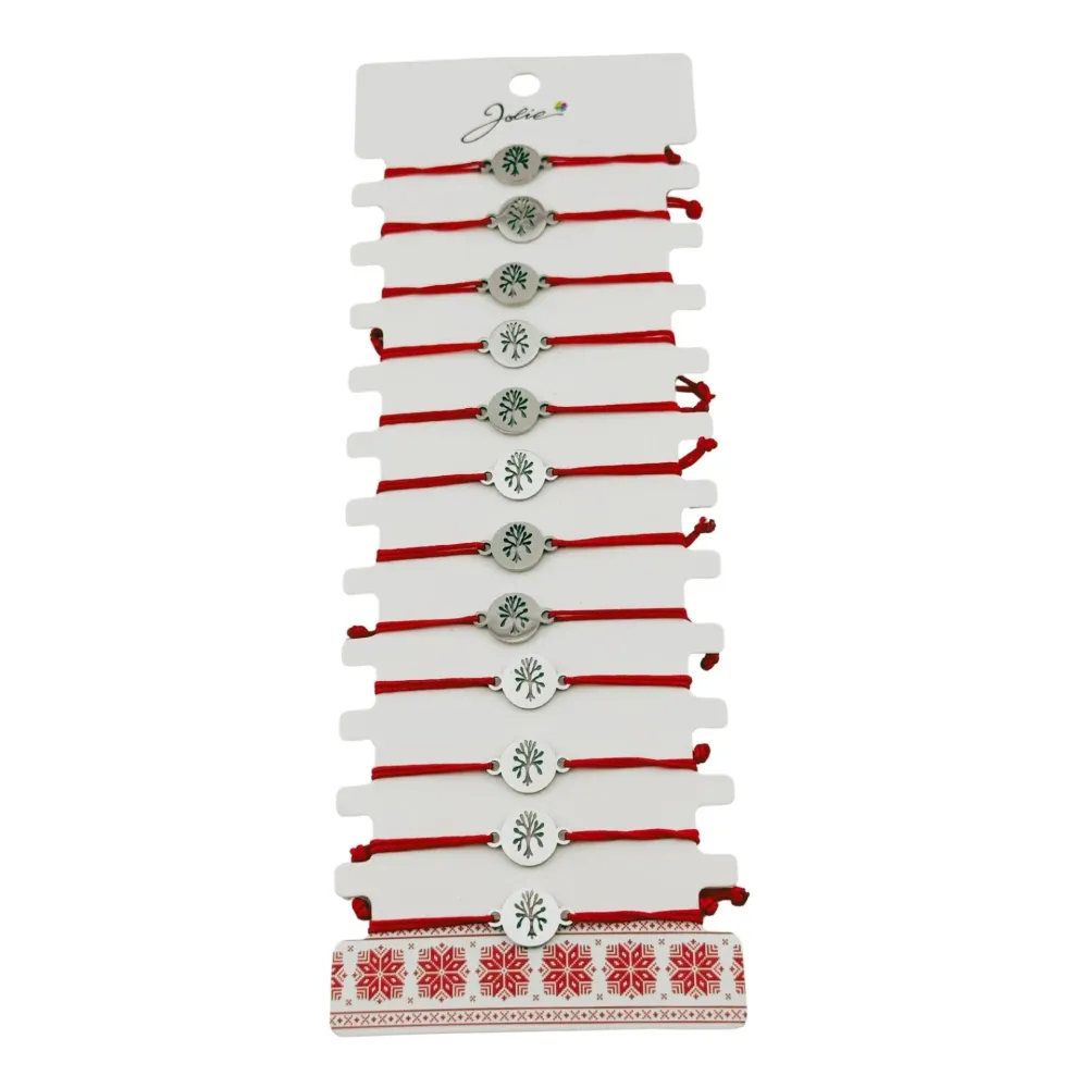 Bratara Martisor pentru Dama, Jolie, Model Copacul Vietii, Set 12 bucati, Pandativ Argintiu din Inox cu Snur Rosu Ajustabil