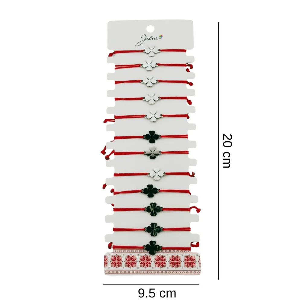 Bratara Martisor pentru Dama, Jolie, Model Trifoi cu 4 Foi, Set 12 bucati, Pandativ Argintiu din Inox cu Snur Rosu Ajustabil