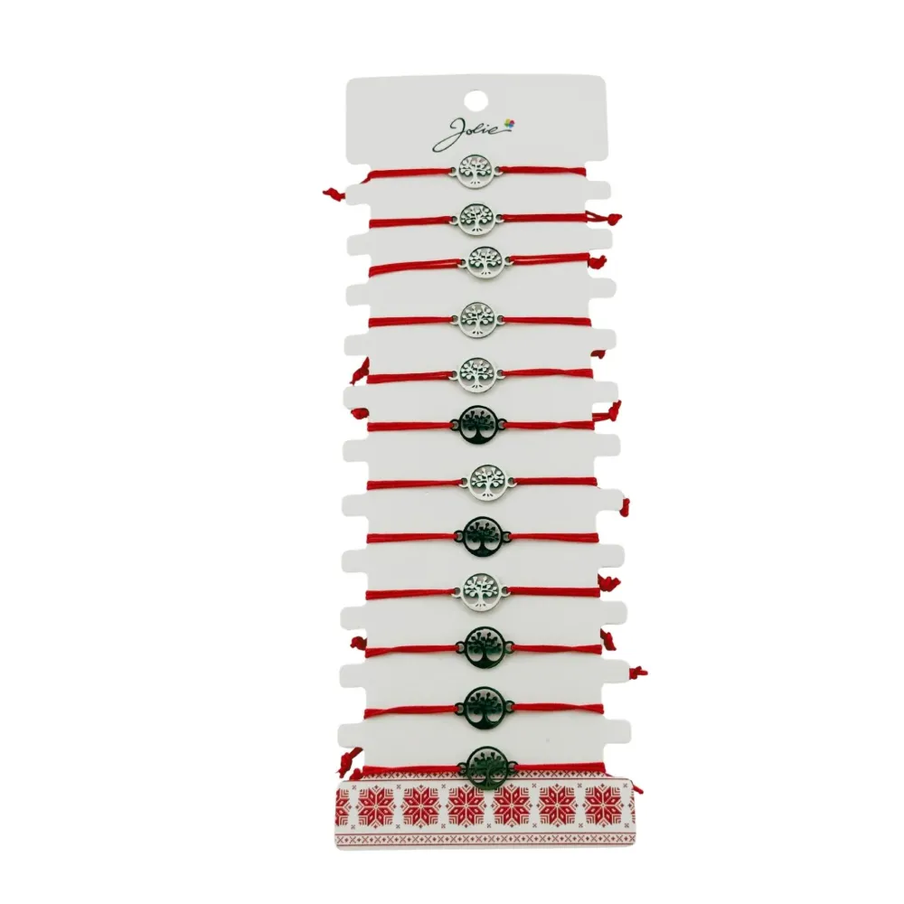 Bratara Martisor pentru Dama, Jolie, Model Copac Cerc, Set 12 bucati, Pandativ Argintiu din Inox cu Snur Rosu Ajustabil