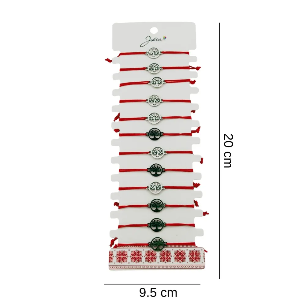 Bratara Martisor pentru Dama, Jolie, Model Copac Cerc, Set 12 bucati, Pandativ Argintiu din Inox cu Snur Rosu Ajustabil