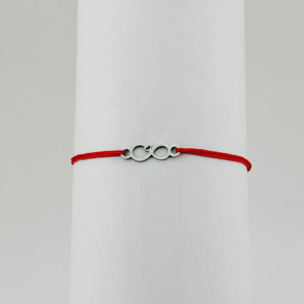 Bratara Martisor pentru Dama, Jolie, Model Infinit, Set 12 bucati, Pandativ Argintiu din Inox cu Snur Rosu Ajustabil