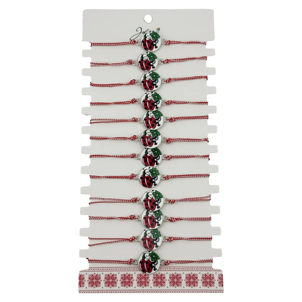 Bratara Martisor pentru Dama, Jolie, Model Buburuza cu Trifoi, Set 12 bucati, Pandativ Alb cu Print Traditional, Snur Ajus...