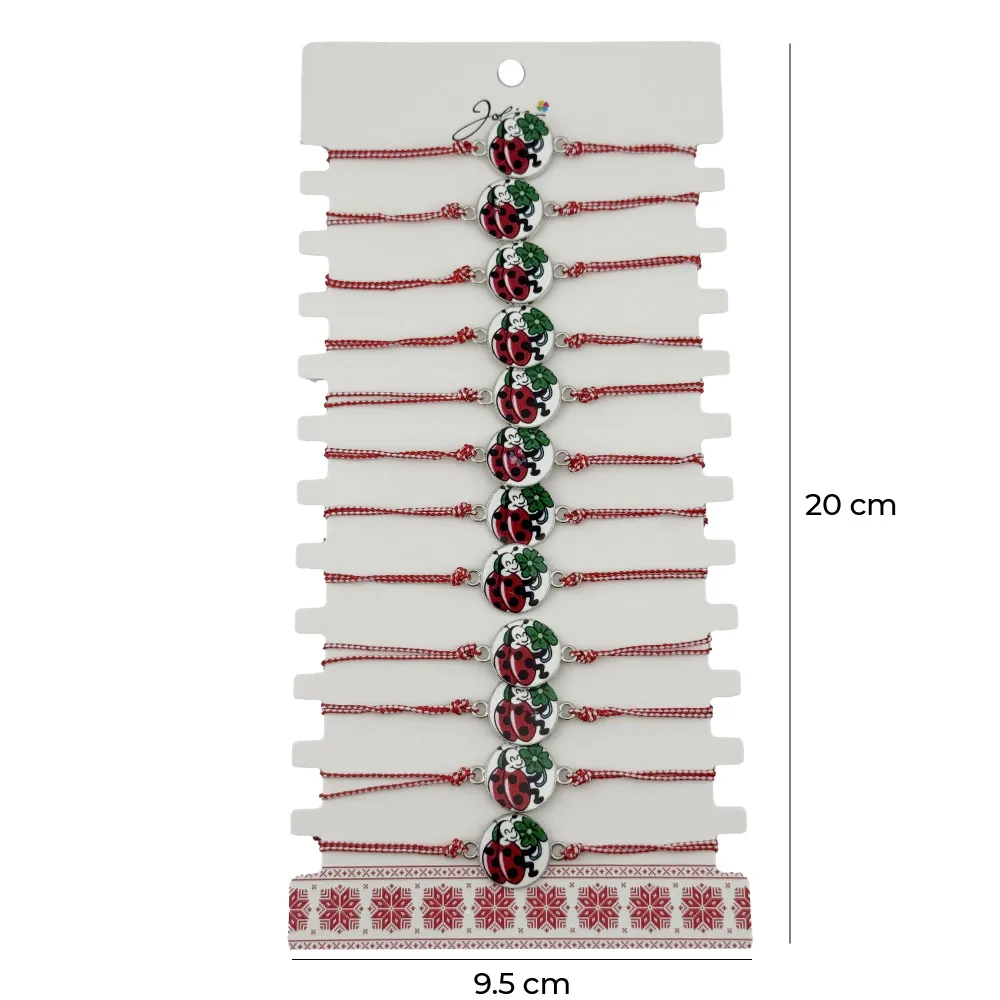 Bratara Martisor pentru Dama, Jolie, Model Buburuza cu Trifoi, Set 12 bucati, Pandativ Alb cu Print Traditional, Snur Ajus...
