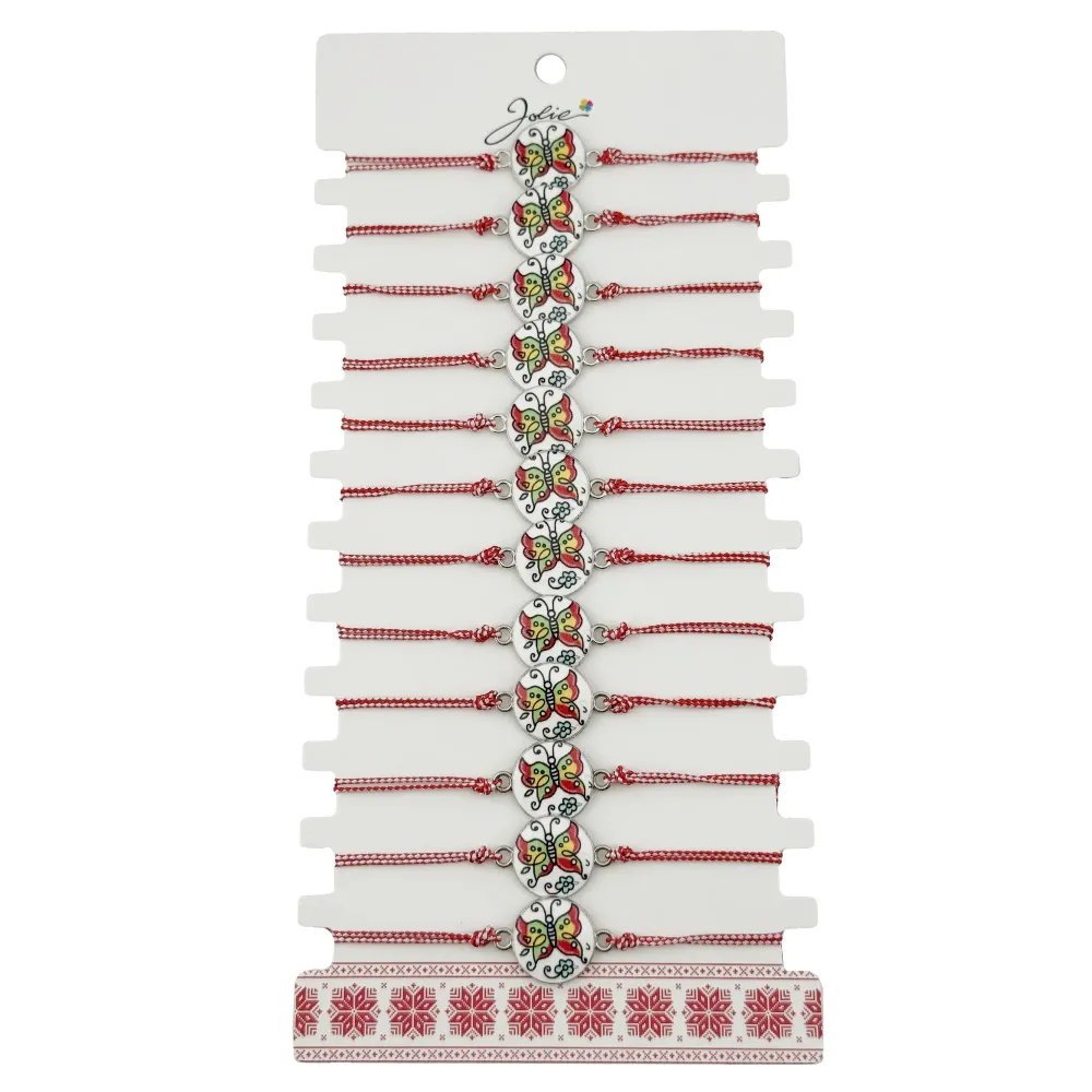 Bratara Martisor pentru Dama, Jolie, Model Fluture, Set 12 bucati, Pandativ din Aliaj cu Print Traditional, Snur Ajustabil...