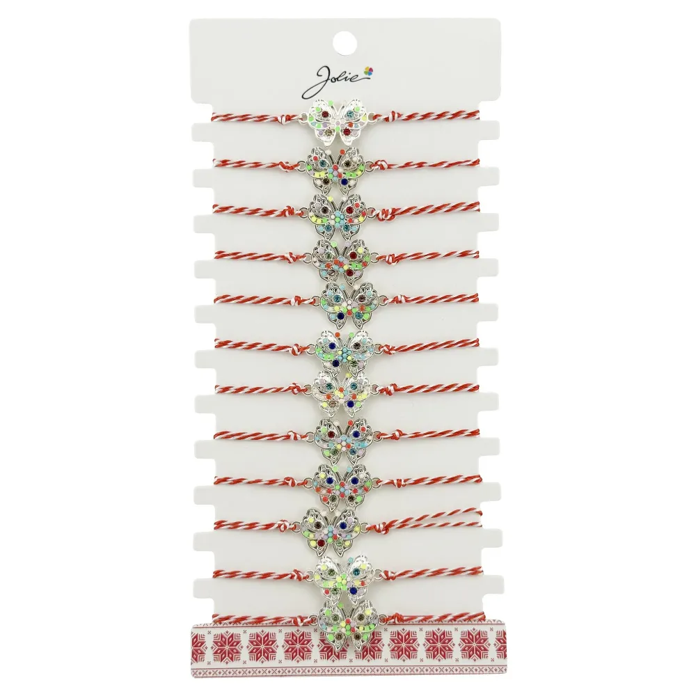 Bratara Martisor pentru Dama, Jolie, Model Fluture Multicolor, Set 12 bucati, Pandativ Argintiu din Inox cu Elemente Multi...