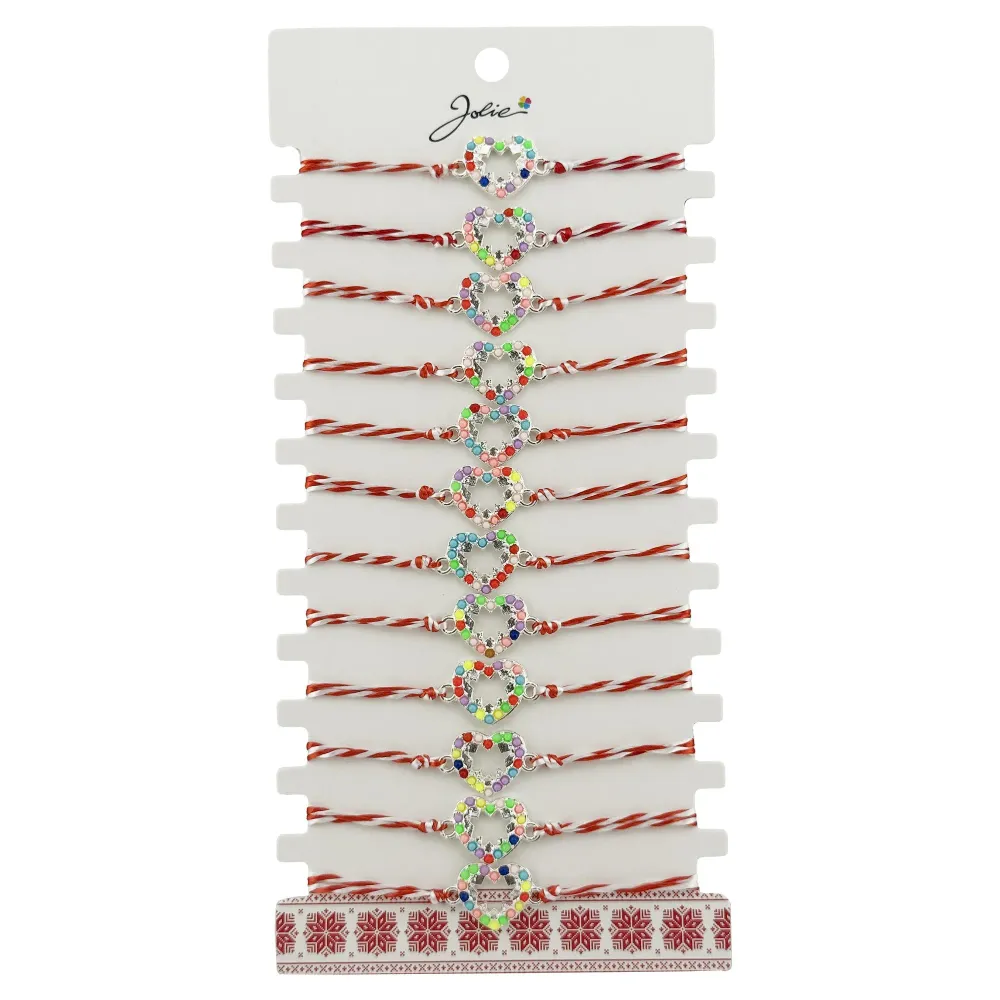 Bratara Martisor pentru Dama, Jolie, Model Inima Multicolora, Set 12 bucati, Pandativ Argintiu din Inox cu Elemente Multic...