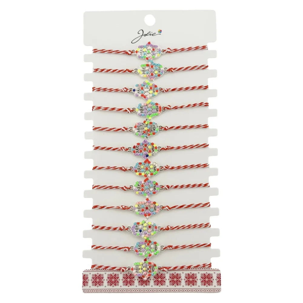 Bratara Martisor pentru Dama, Jolie, Model Floare, Set 12 bucati, Pandativ Argintiu din Inox cu Elemente Multicolore, Snur...