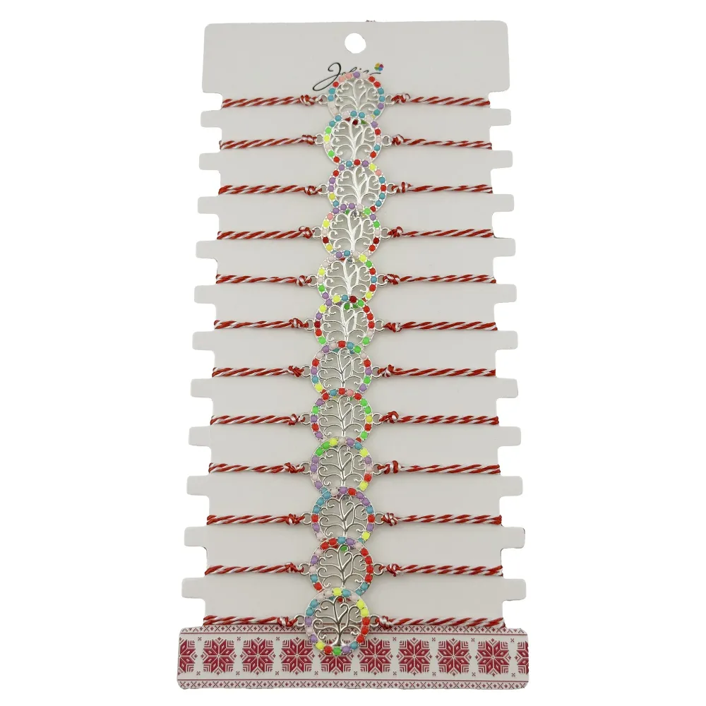 Bratara Martisor pentru Dama, Jolie, Model Copac, Set 12 bucati, Pandativ Argintiu din Inox cu Elemente Multicolore, Snur...