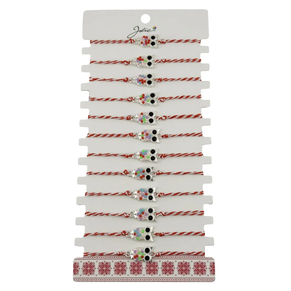 Bratara Martisor pentru Dama, Jolie, Model Bufnita, Set 12 bucati, Pandativ Argintiu din Inox cu Elemente Multicolore, Snu...