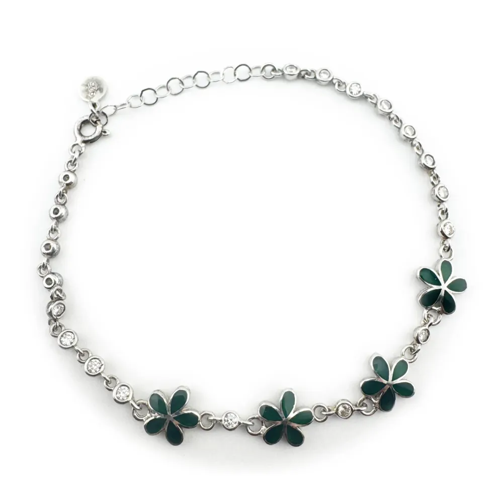 Bratara pentru Copii, Jolie, Argint 925, Model Floare, cu Email si Zirconiu, 22 cm/4.4g Argintiu/Verde inchis
