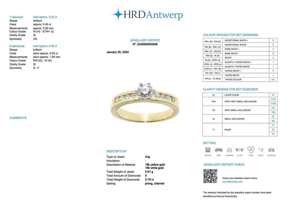 Годежен пръстен с диаманти от жълто и бяло злато, сертифициран от HRD