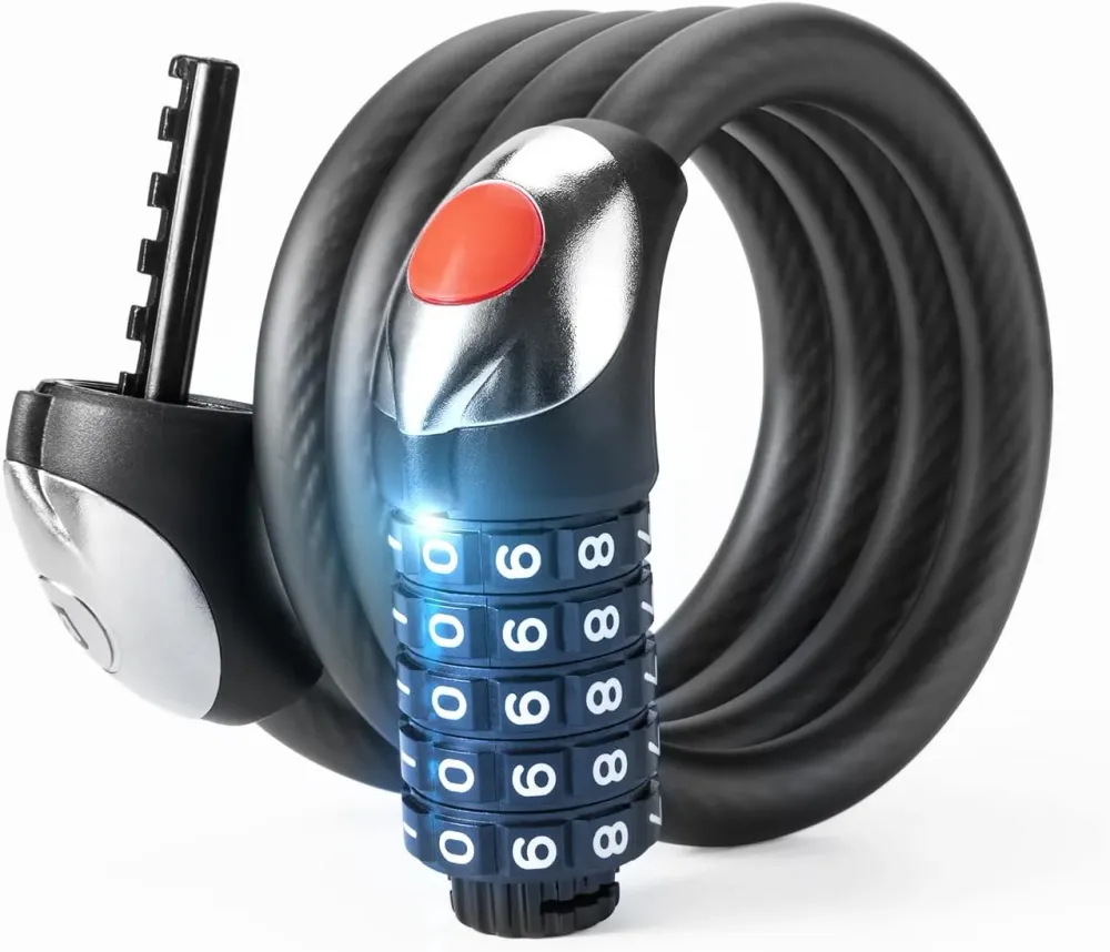 Кабелен велосипеден катинар с 5-цифрен код и LED осветление