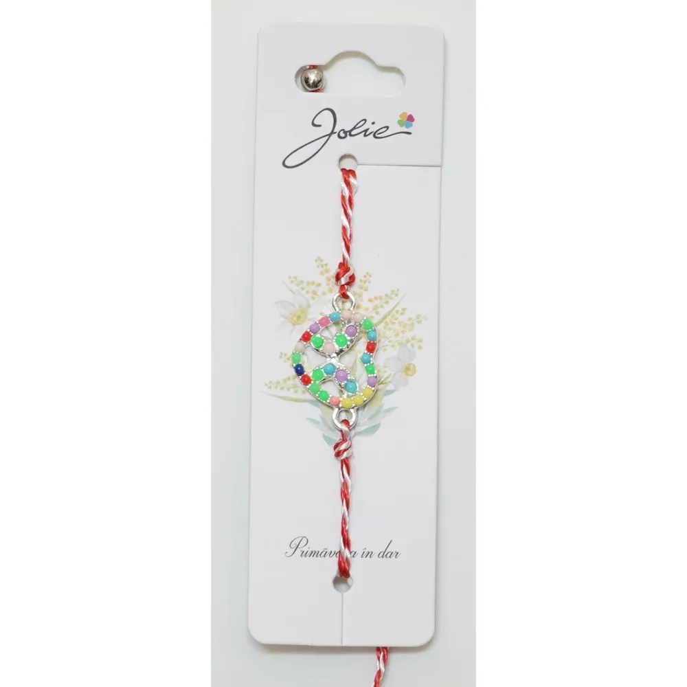 Martisor Bratara Alb-Rosu cu Pandantiv Metalic, Model 6