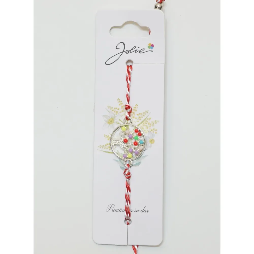 Martisor Bratara Alb-Rosu cu Pandantiv Metalic, Model 1