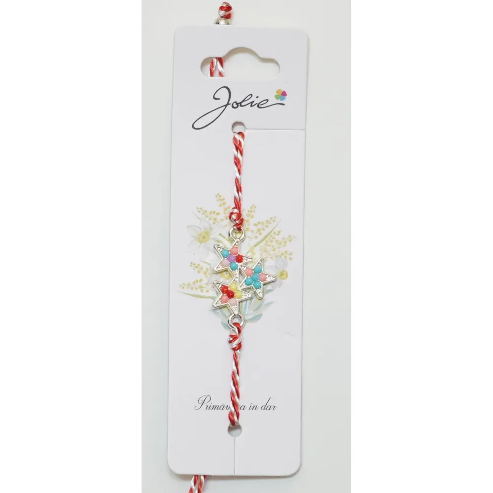 Martisor Bratara Alb-Rosu cu Pandantiv Metalic, Model 4