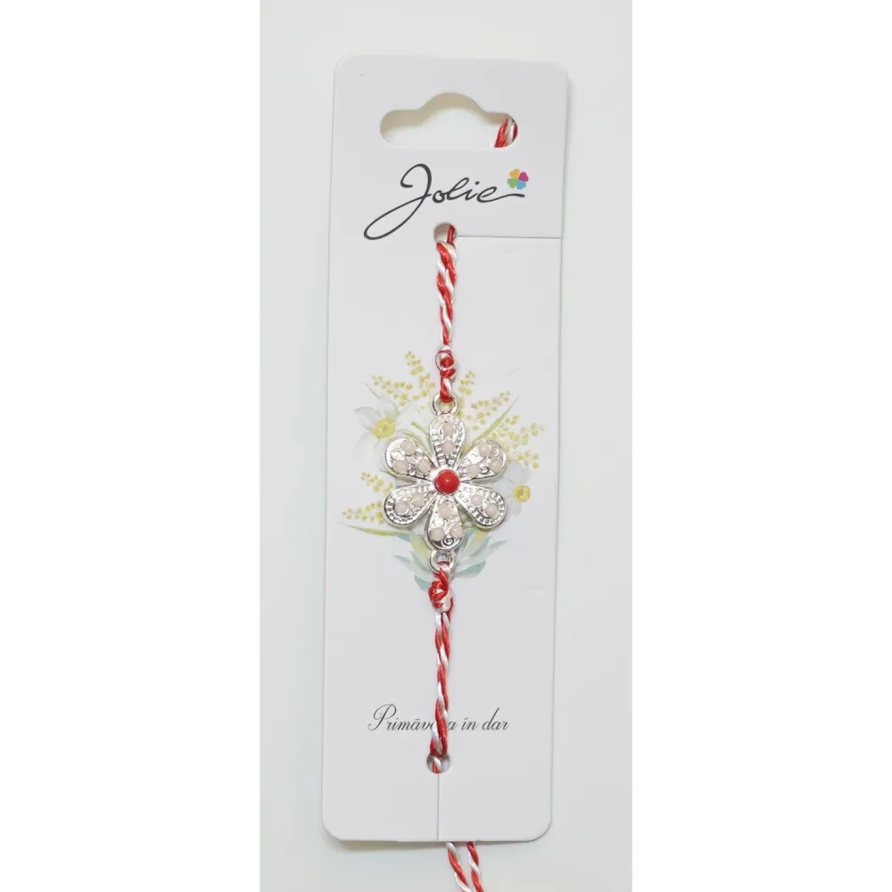 Martisor Bratara Alb-Rosu cu Pandantiv Metalic, Model 3