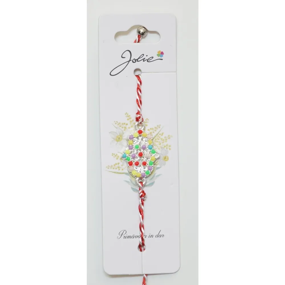 Martisor Bratara Alb-Rosu cu Pandantiv Metalic, Model 2