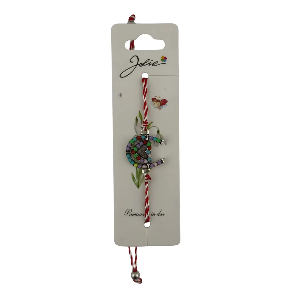 Martisor Bratara cu Snur Alb Rosu Reglabil, Model Potcoava Multicolora cu Inimioara, Jolie
