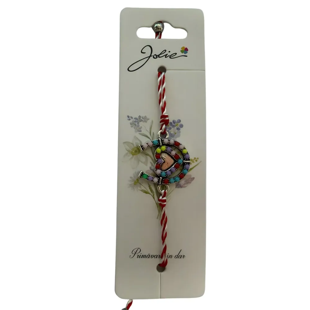 Martisor Bratara cu Snur Alb Rosu Reglabil, Model Potcoava Multicolora cu Inimioara, Jolie