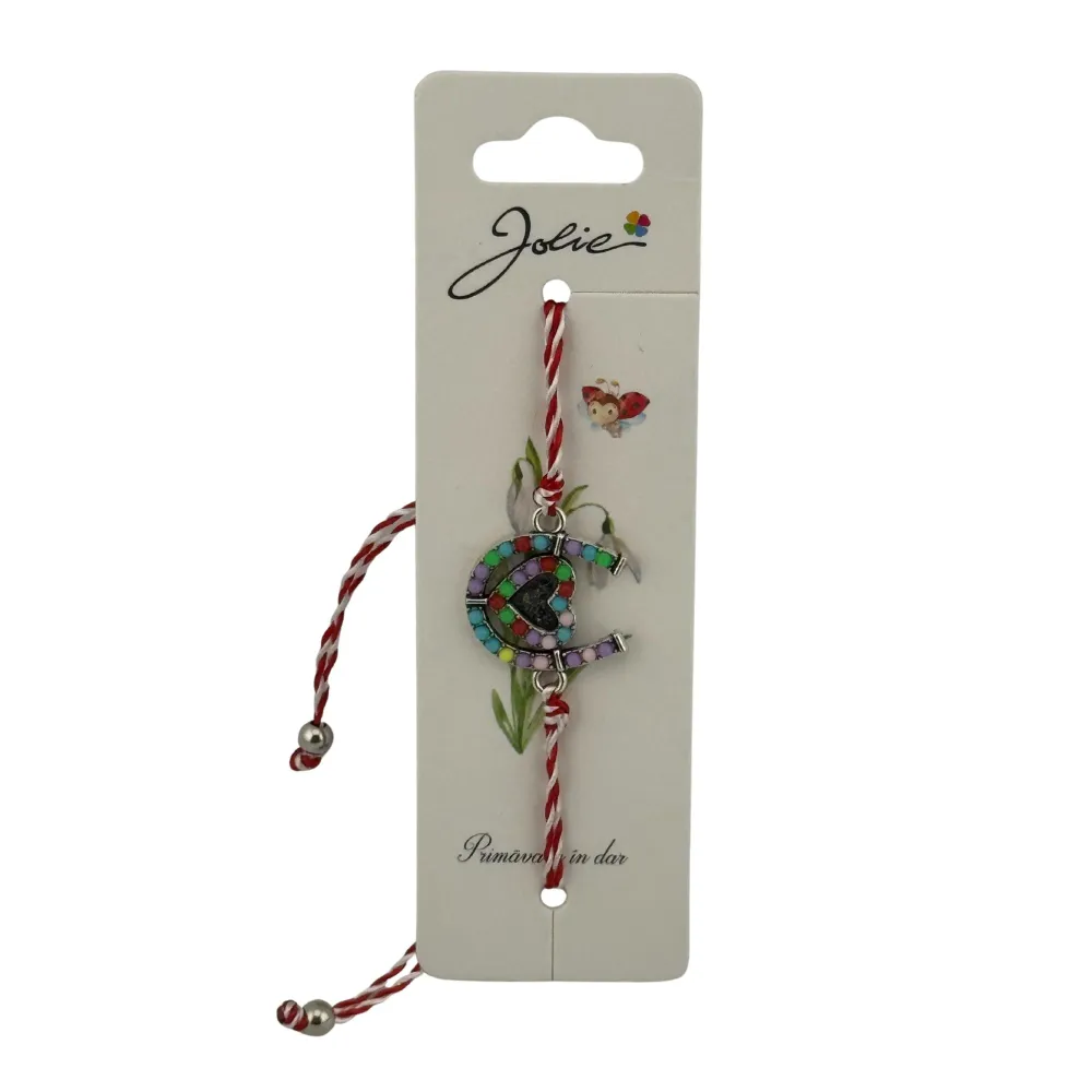Martisor Bratara cu Snur Alb Rosu Reglabil, Model Potcoava Multicolora cu Inimioara, Jolie