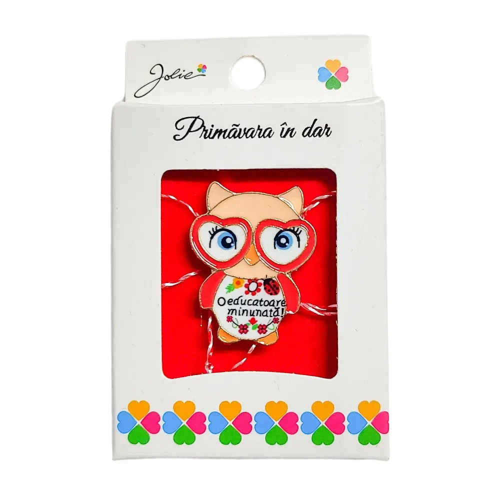 Martisor Brosa Mica Cutie, Jolie, Model Bufnita O Educatoare Minunata, Metal, 5 x 3 cm, Multicolor