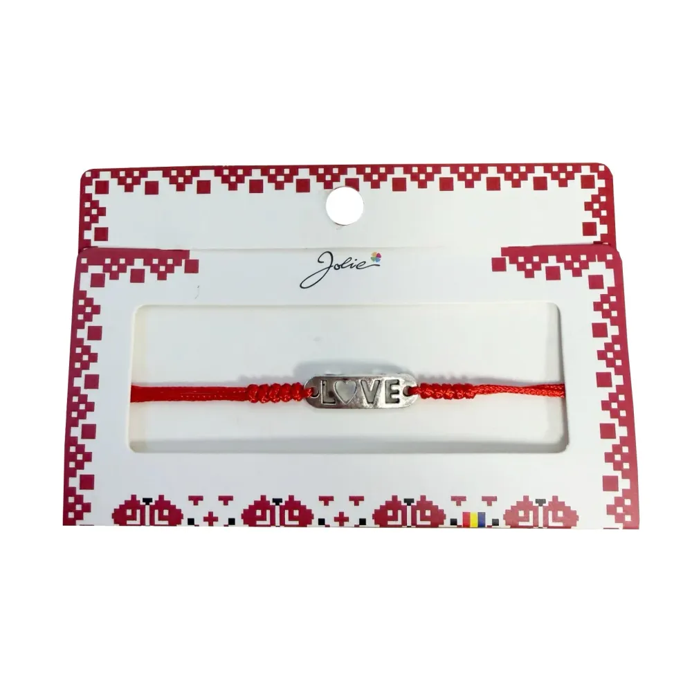 Martisor tip Bratara cu Pandantiv Metalic, Jolie, cu Snur Textil Rosu Impletit, Model Love, Dimensiune Reglabila, Ambalata...