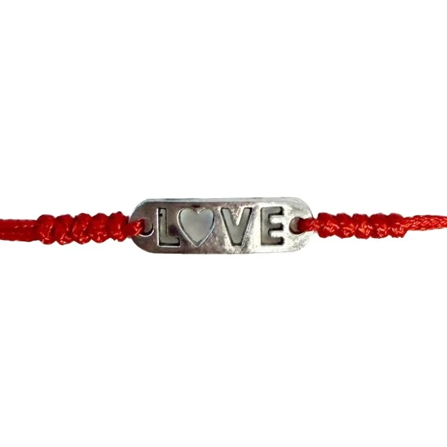Martisor tip Bratara cu Pandantiv Metalic, Jolie, cu Snur Textil Rosu Impletit, Model Love, Dimensiune Reglabila, Ambalata...