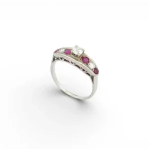 арт деко пръстен t54 инкрустиран с диаманти 0.45ct & рубини 0.25ct от бяло злато 18k